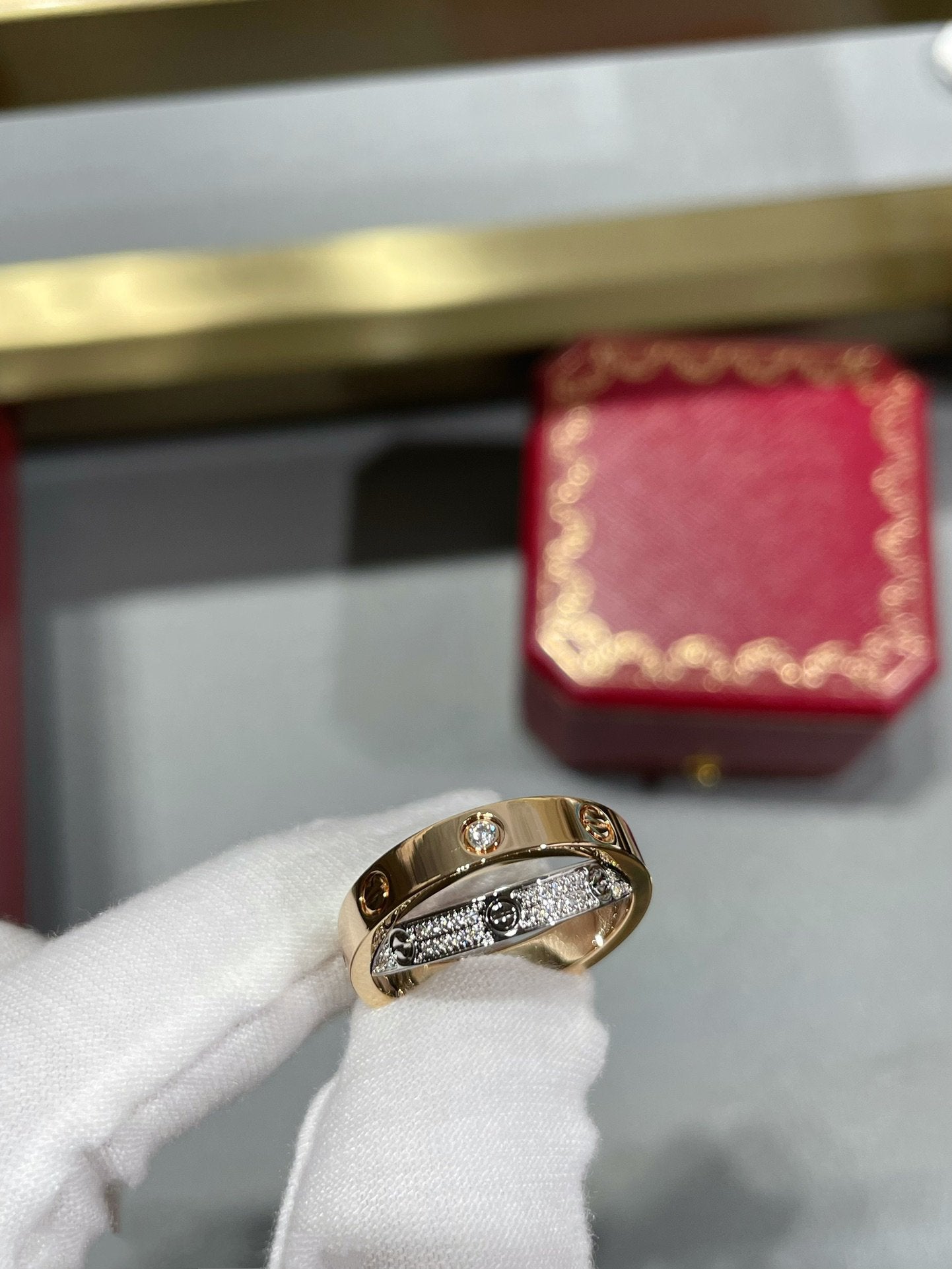 [CiCi]LOVE PINK GOLD SILVER DIAMOND DOUBLE RING