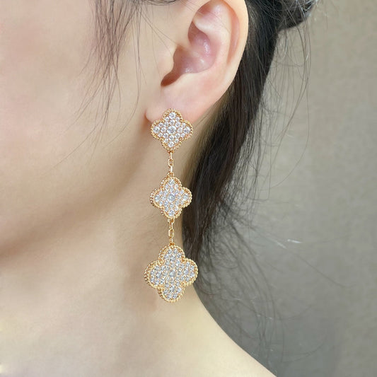[CiCi]CLOVER 3 MOTIFS DIAMOND PAVED ROSE GOLD EARRINGS