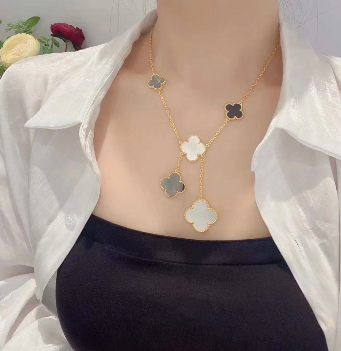 [CiCi]CLOVER 6 MOTIF MOP ONYX GOLD NECKLACE