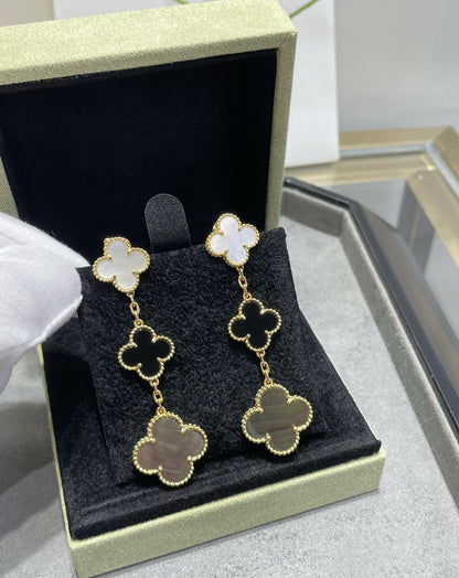 [CiCi]CLOVER 3 MOTIF MOP ONYX DARK MOP PINK GOLD EARRINGS