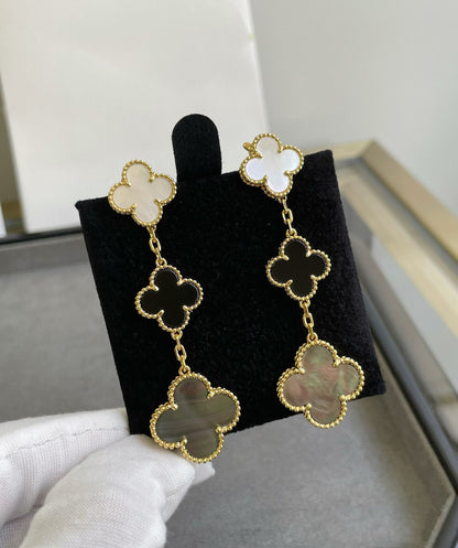 [CiCi]CLOVER 3 MOTIF MOP ONYX DARK MOP PINK GOLD EARRINGS