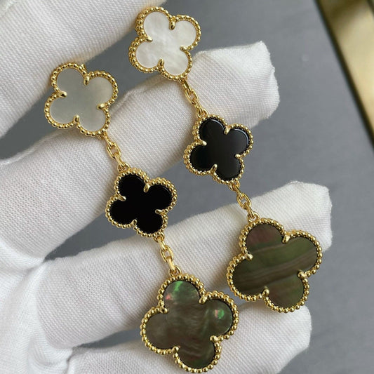 [CiCi]CLOVER 3 MOTIF MOP ONYX DARK MOP PINK GOLD EARRINGS