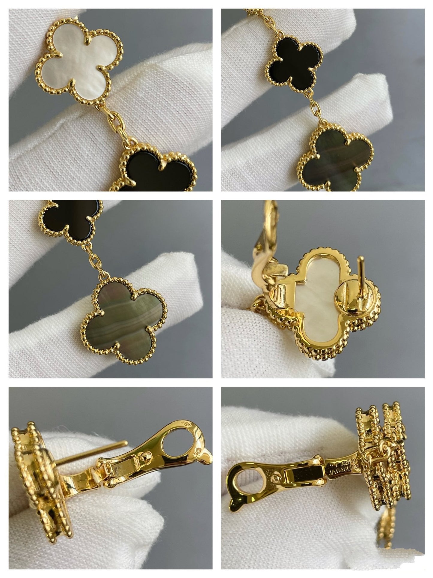 [CiCi]CLOVER 3 MOTIF MOP ONYX DARK MOP PINK GOLD EARRINGS