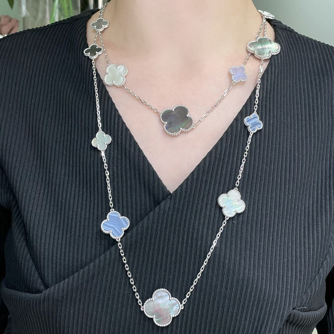 [CiCi]CLOVER 16 MOTIF CHALCEDONY MOP SILVER NECKLACE