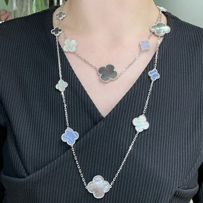 [CiCi]CLOVER 16 MOTIF CHALCEDONY MOP SILVER NECKLACE