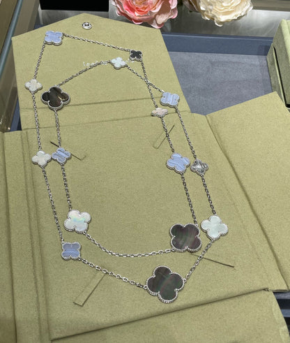 [CiCi]CLOVER 16 MOTIF CHALCEDONY MOP SILVER NECKLACE