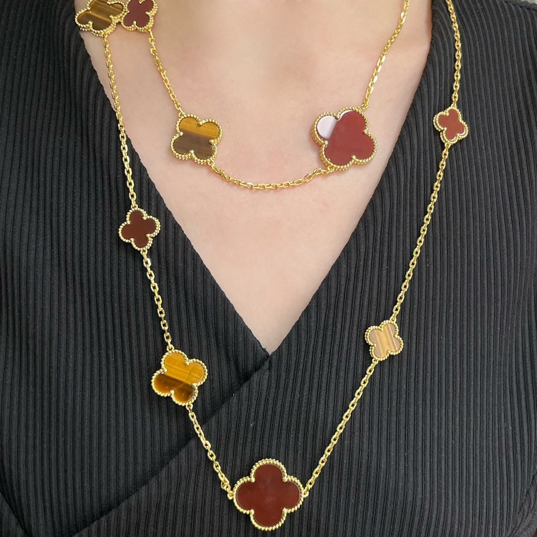[CiCi]CLOVER 16 MOTIF CARNELIAN TIGER EYE ROSE GOLD NECKLACE