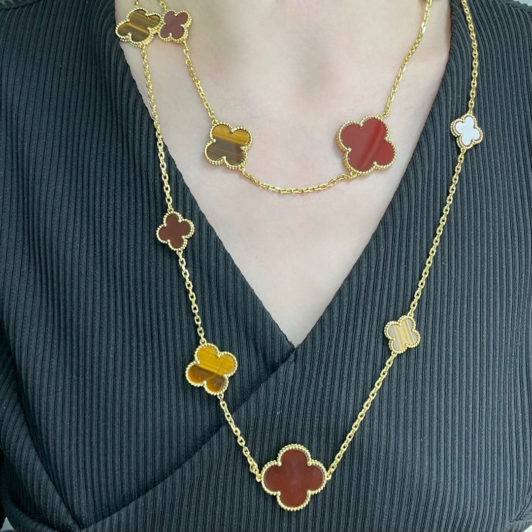 [CiCi]CLOVER 16 MOTIF CARNELIAN TIGER EYE ROSE GOLD NECKLACE