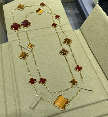 [CiCi]CLOVER 16 MOTIF CARNELIAN TIGER EYE ROSE GOLD NECKLACE
