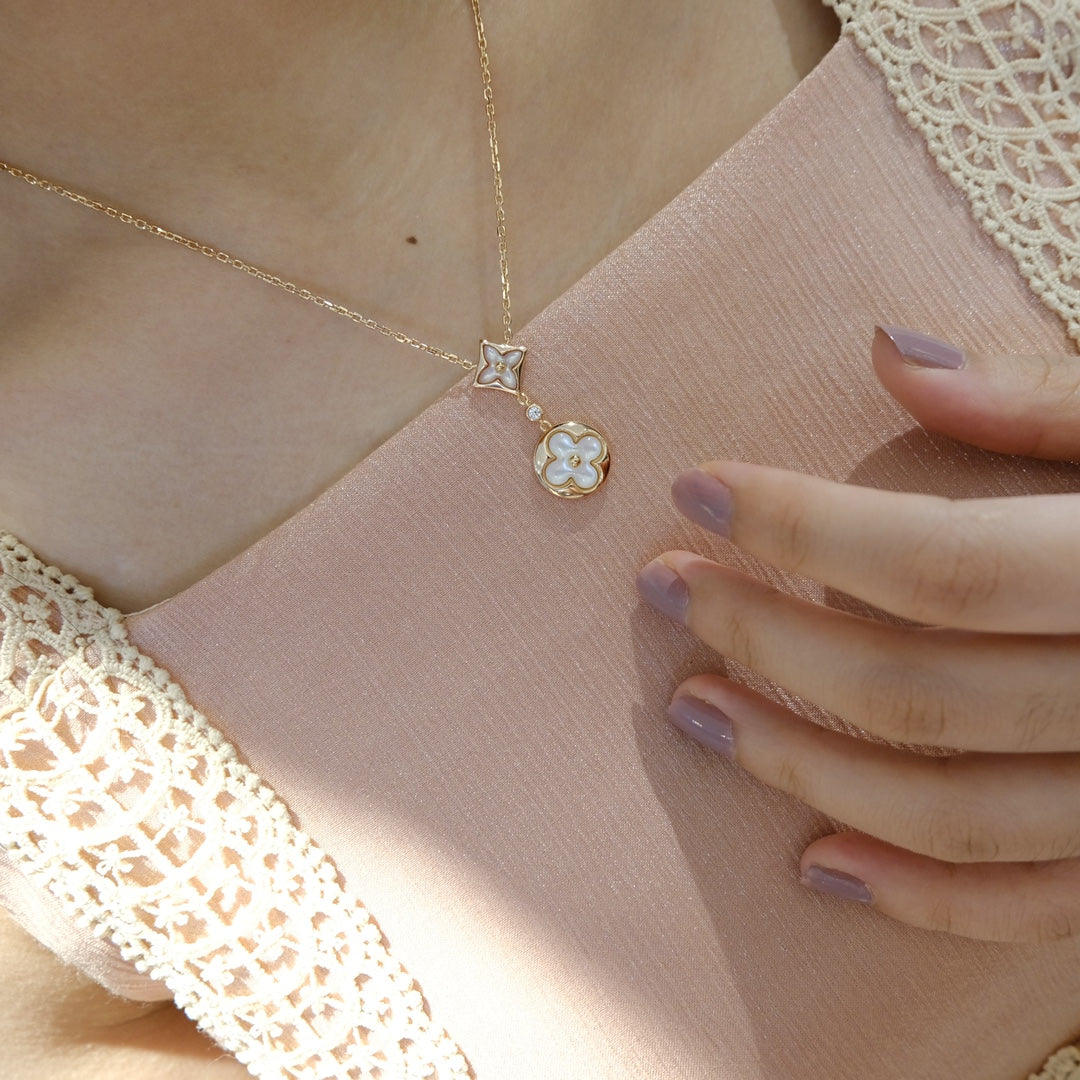 [CiCi]STAR AND SUN WHITE MOP 2 MOTIF PINK GOLD NECKLACE