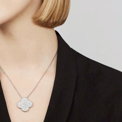 [CiCi]CLOVER 25MM LARGE PENDANT DIAMOND PAVED SILVER NECKLACE