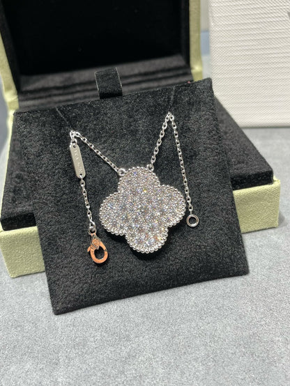 [CiCi]CLOVER 25MM LARGE PENDANT DIAMOND PAVED SILVER NECKLACE