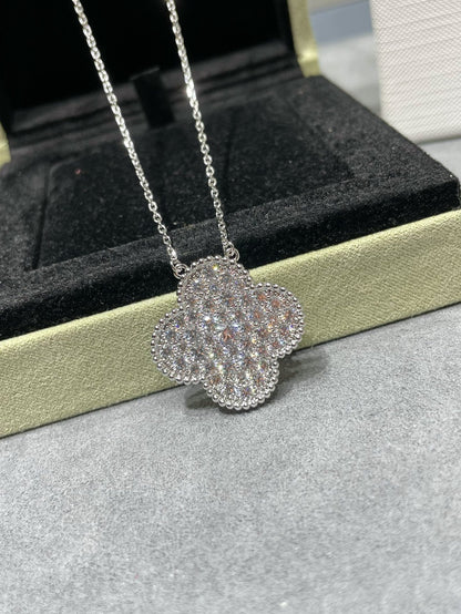 [CiCi]CLOVER 25MM LARGE PENDANT DIAMOND PAVED SILVER NECKLACE