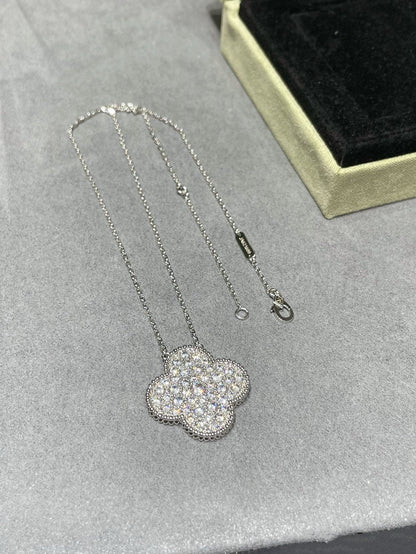 [CiCi]CLOVER 25MM LARGE PENDANT DIAMOND PAVED SILVER NECKLACE