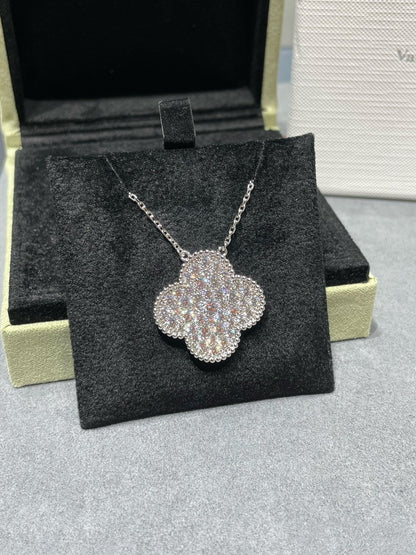 [CiCi]CLOVER 25MM LARGE PENDANT DIAMOND PAVED SILVER NECKLACE