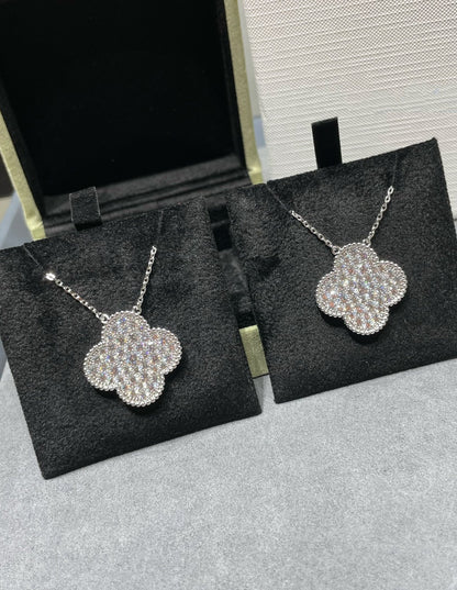 [CiCi]CLOVER 25MM LARGE PENDANT DIAMOND PAVED SILVER NECKLACE