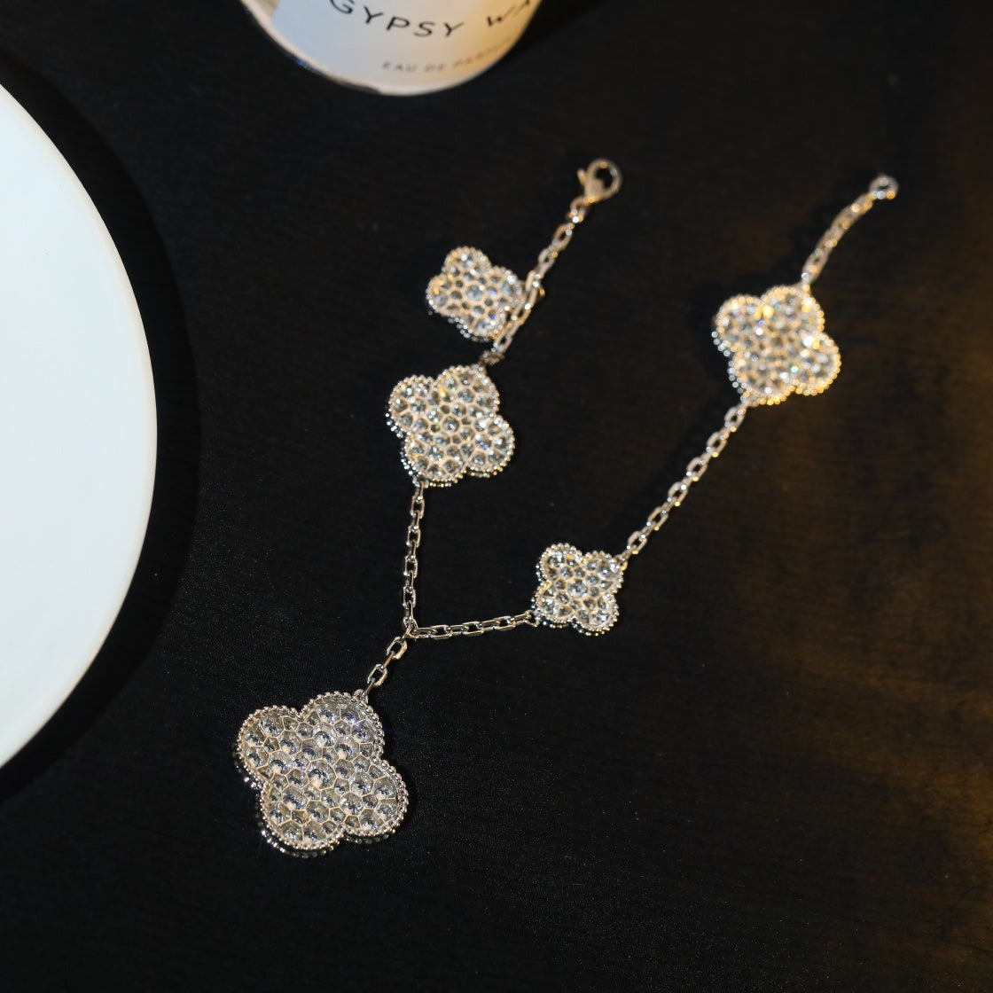 [CiCi]CLOVER BRACELET 5 MOTIF SILVER DIAMOND PAVED