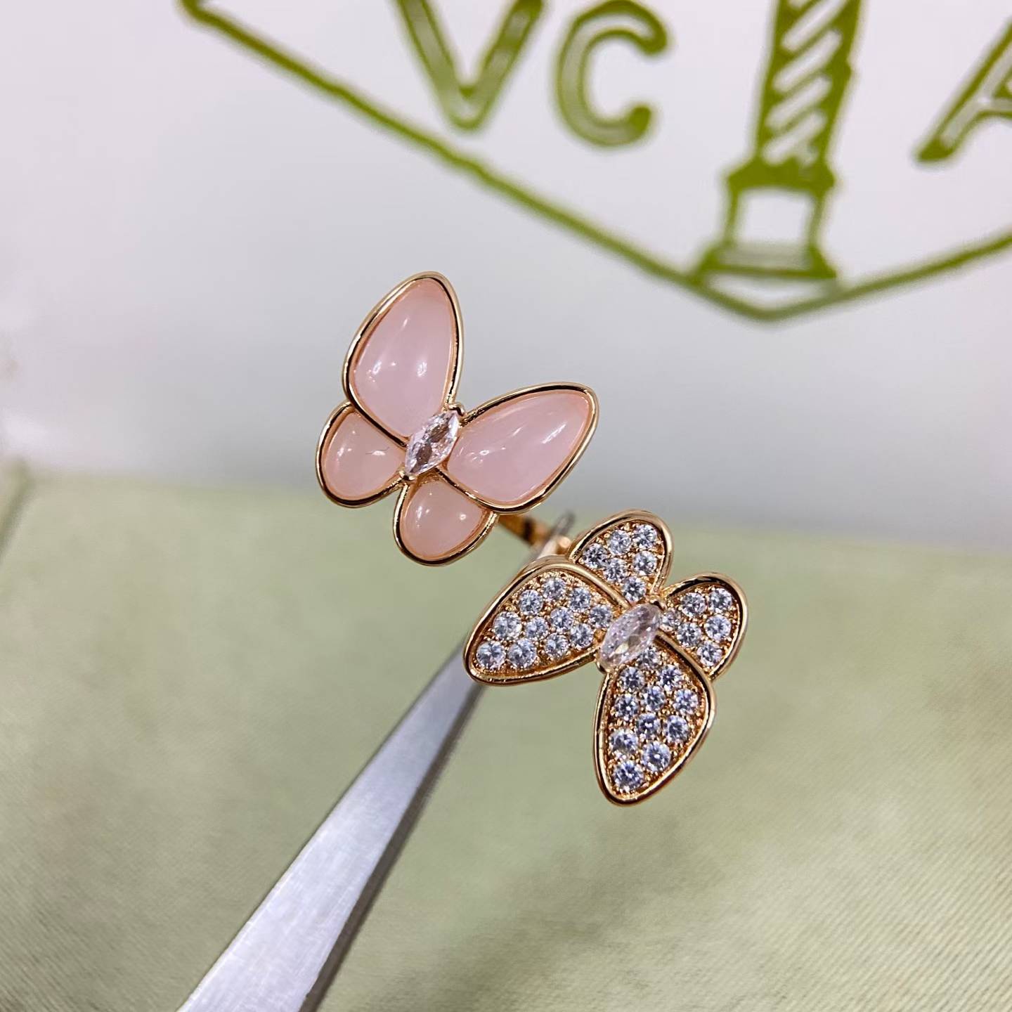 [CiCi]TWIN BUTTERFLY NEW DIAMOND & PINK BUTTERFLY RING
