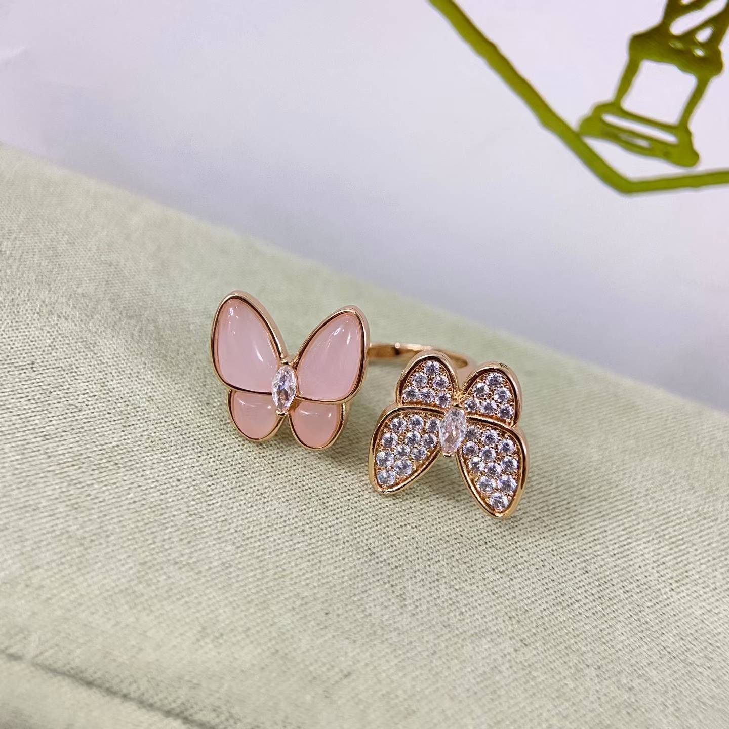 [CiCi]TWIN BUTTERFLY NEW DIAMOND & PINK BUTTERFLY RING