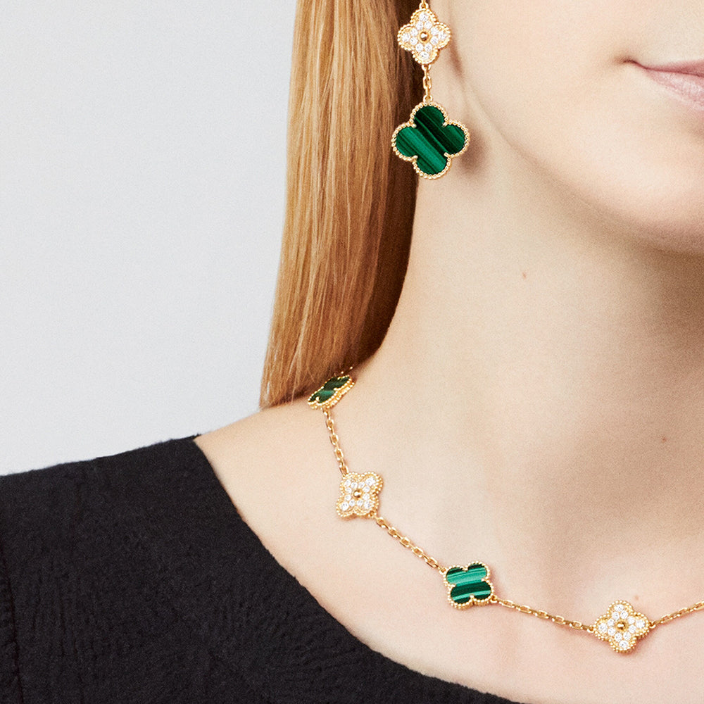 [CiCi]CLOVER 10 MOTIFS MALACHITE DIAMOND NECKLACE
