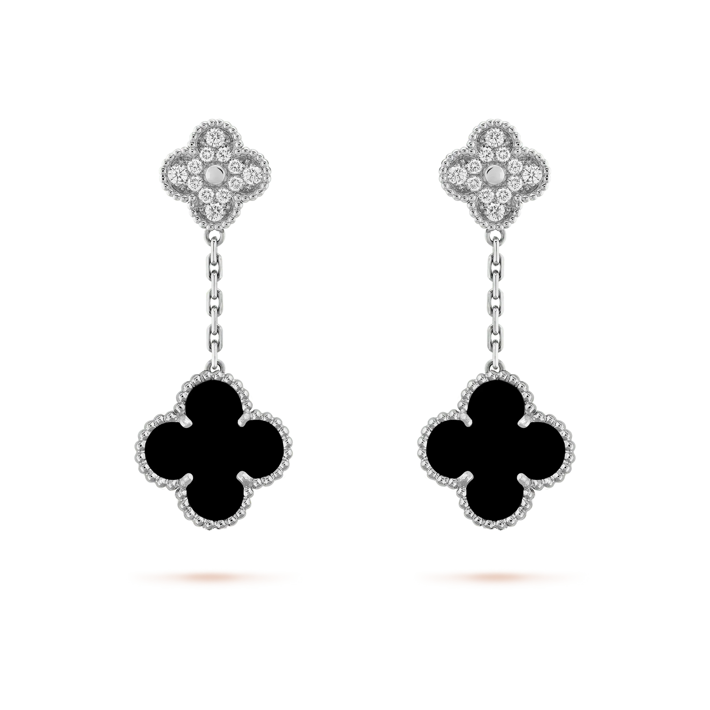 [CiCi]CLOVER 2 MOTIFS  DIAMOND ONYX EARRINGS SILVER