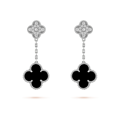 [CiCi]CLOVER 2 MOTIFS  DIAMOND ONYX EARRINGS SILVER