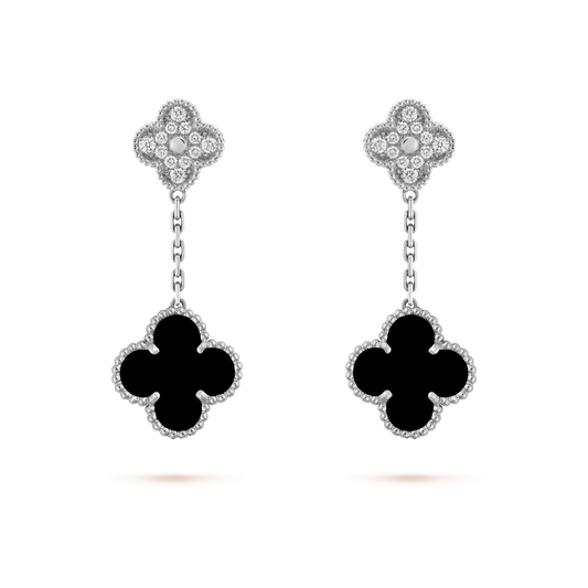 [CiCi]CLOVER 2 MOTIFS  DIAMOND ONYX EARRINGS SILVER