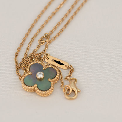 [CiCi]CLOVER 15MM DIAMANT- UND GRAUE-PERLMUTT-HALSKETTE