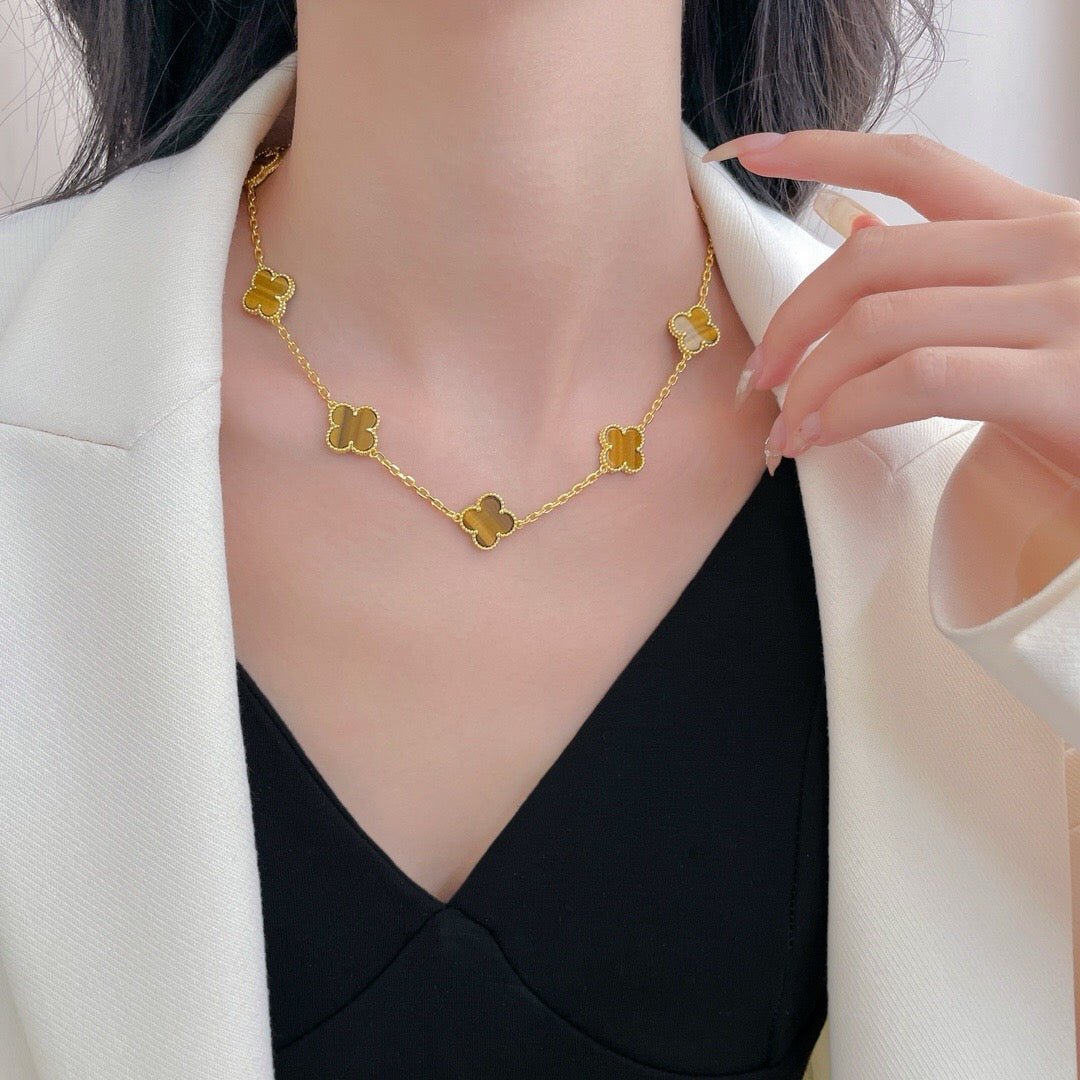 [CiCi]CLOVER 10 MOTIFS TIGER EYE NECKLACE