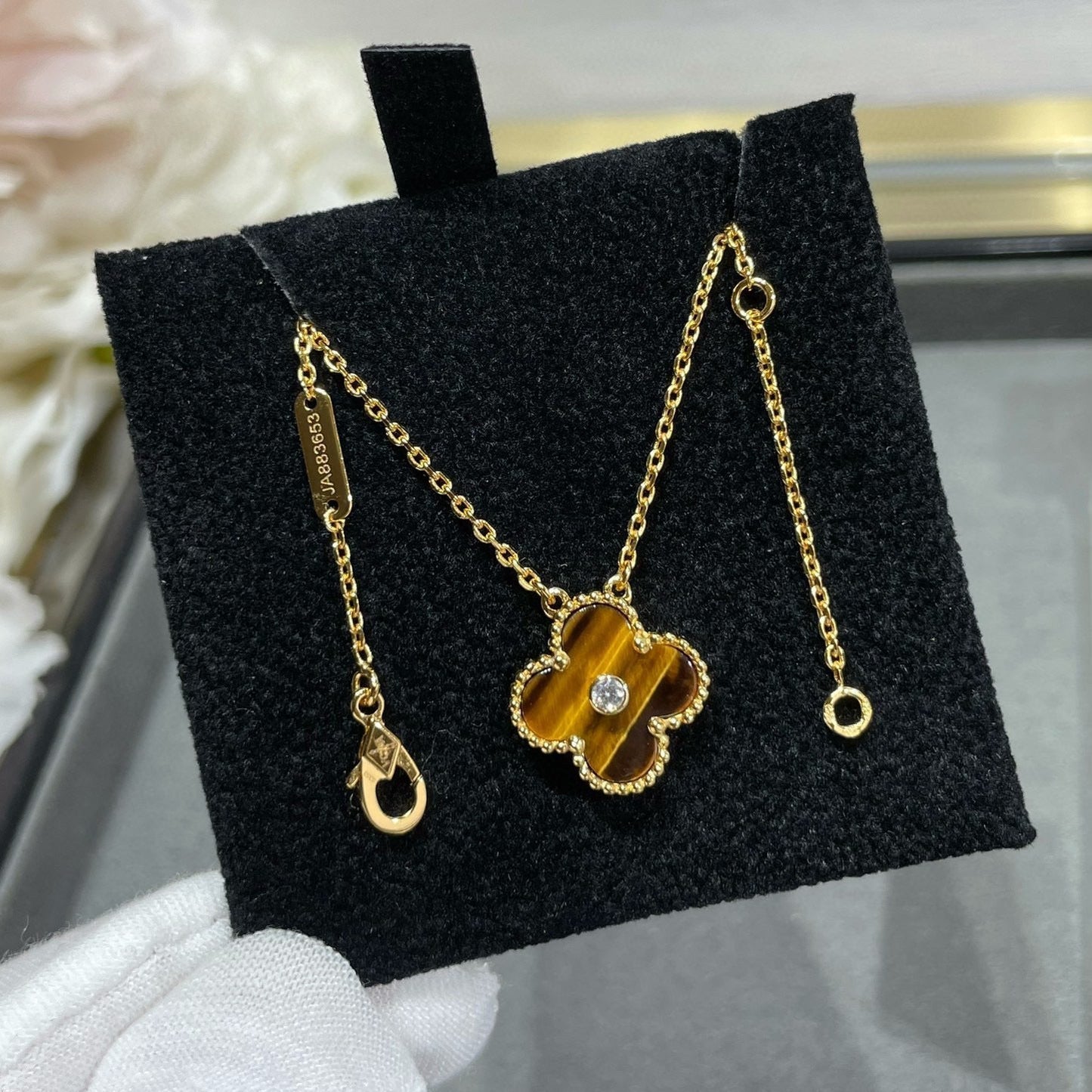 [CiCi]CLOVER 15MM DIAMANT UND GELBER TIGERAUGE ACHAT Halskette