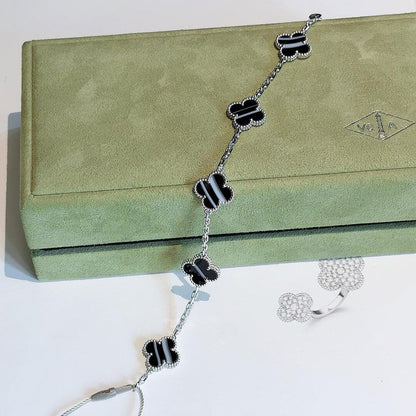 [CiCi]CLOVER 5 MOTIF VEINED ONYX BRACELET SILVER