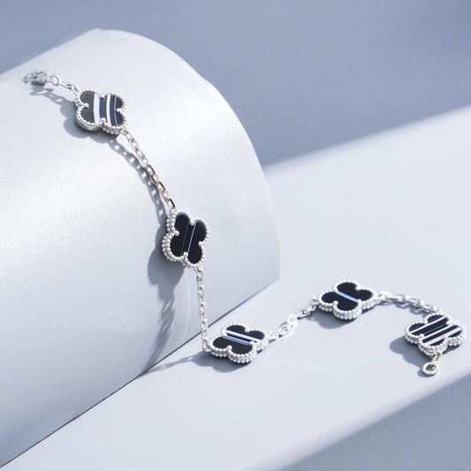 [CiCi]CLOVER 5 MOTIF VEINED ONYX BRACELET SILVER