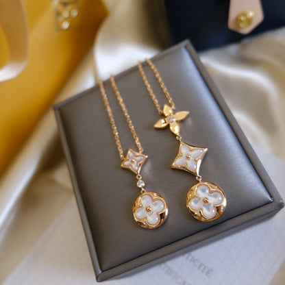 [CiCi]COLOR BLOSSOM LARIAT NECKLACE PINK GOLD WHITE MOTHER PEARL AND DIAMOND