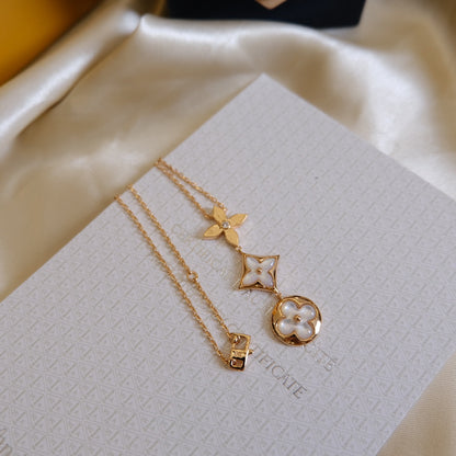[CiCi]COLOR BLOSSOM LARIAT NECKLACE PINK GOLD WHITE MOTHER PEARL AND DIAMOND