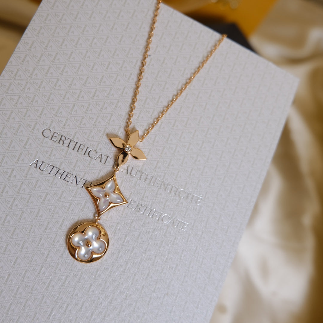 [CiCi]COLOR BLOSSOM LARIAT NECKLACE PINK GOLD WHITE MOTHER PEARL AND DIAMOND