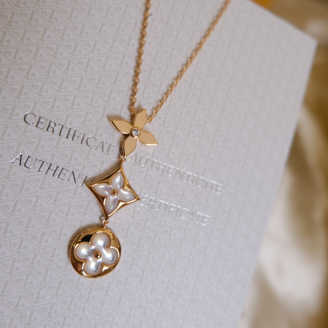 [CiCi]COLOR BLOSSOM LARIAT NECKLACE PINK GOLD WHITE MOTHER PEARL AND DIAMOND