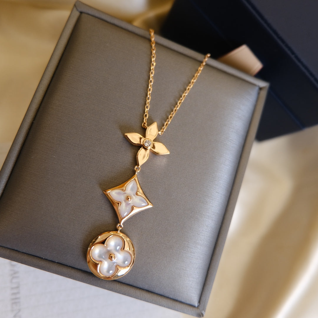 [CiCi]COLOR BLOSSOM LARIAT NECKLACE PINK GOLD WHITE MOTHER PEARL AND DIAMOND