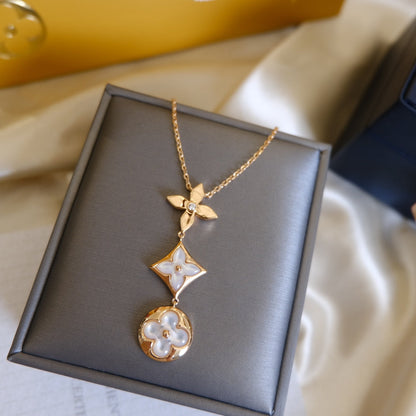 [CiCi]COLOR BLOSSOM LARIAT NECKLACE PINK GOLD WHITE MOTHER PEARL AND DIAMOND