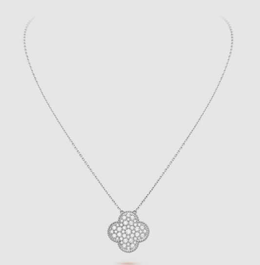 [CiCi]CLOVER 25MM LARGE PENDANT DIAMOND PAVED SILVER NECKLACE