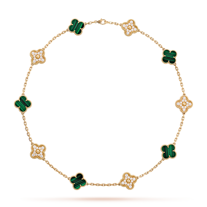 [CiCi]CLOVER 10 MOTIFS MALACHITE DIAMOND NECKLACE