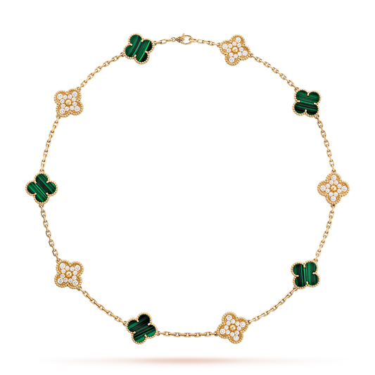 [CiCi]CLOVER 10 MOTIFS MALACHITE DIAMOND NECKLACE