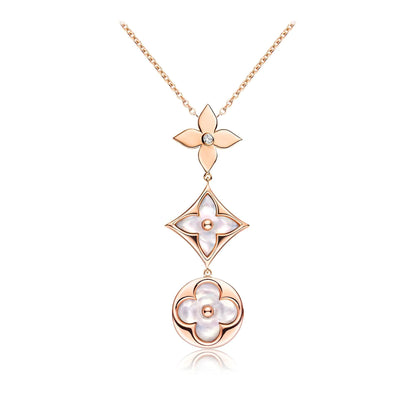 [CiCi]COLOR BLOSSOM LARIAT NECKLACE PINK GOLD WHITE MOTHER PEARL AND DIAMOND