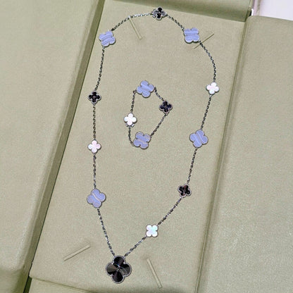 [CiCi]DETACHABLE CLOVER 15(11+4) FLOWER SILVER NECKLACE SET