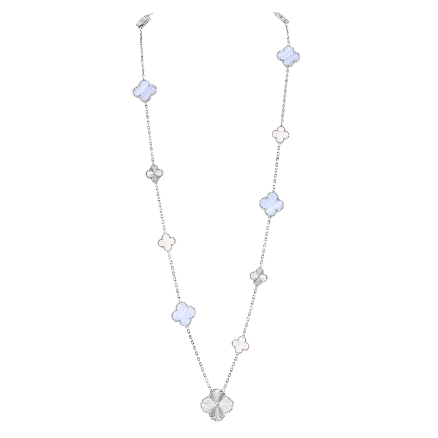 [CiCi]DETACHABLE CLOVER 15(11+4) FLOWER SILVER NECKLACE SET