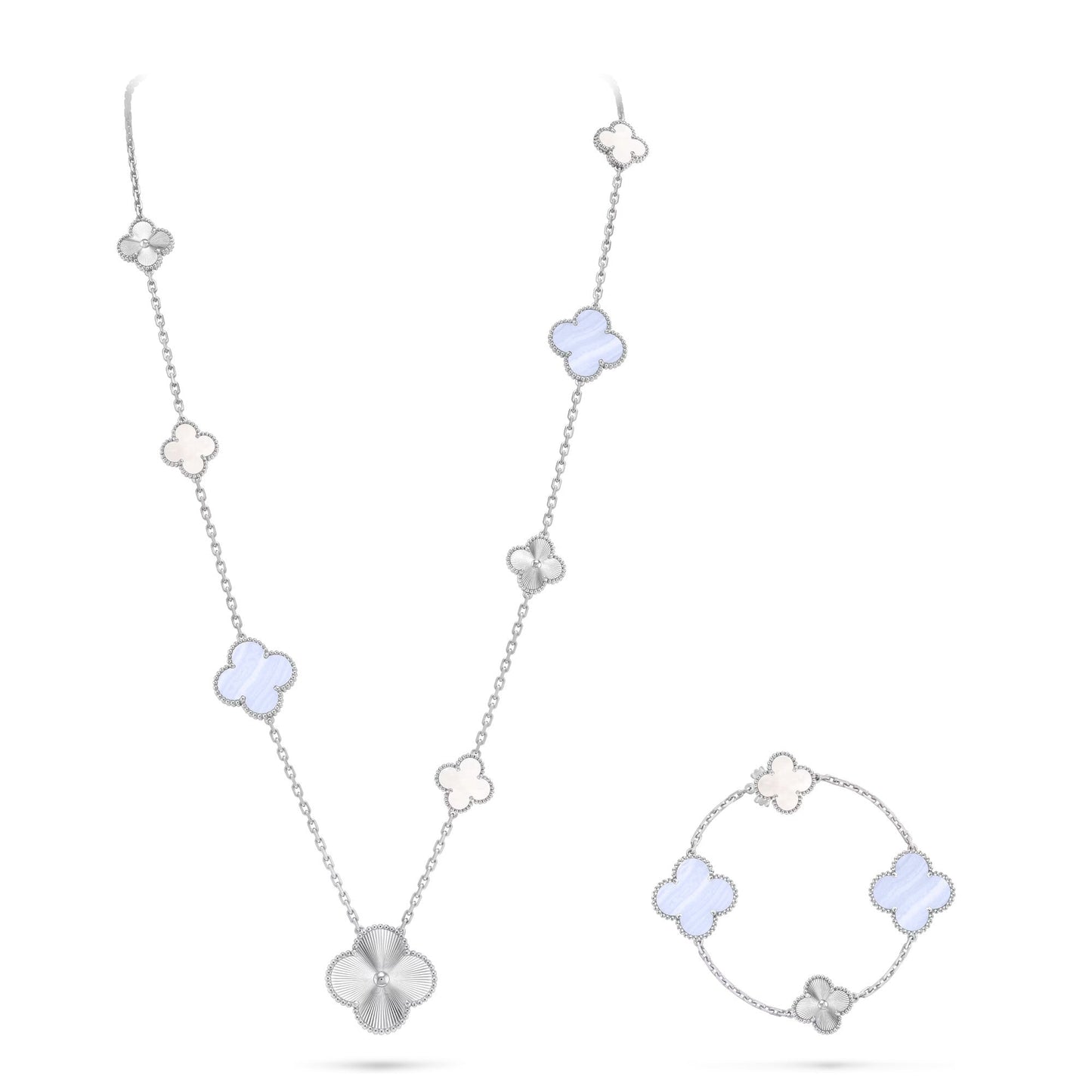 [CiCi]DETACHABLE CLOVER 15(11+4) FLOWER SILVER NECKLACE SET