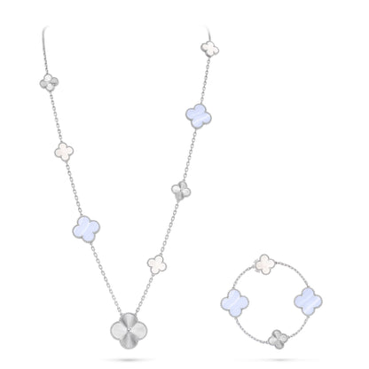 [CiCi]DETACHABLE CLOVER 15(11+4) FLOWER SILVER NECKLACE SET