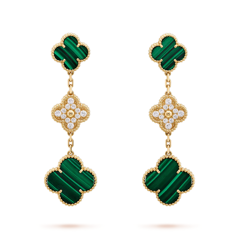 [CiCi]CLOVER EARRINGS GOLD MALACHITE DIAMOND 3 MOTIF