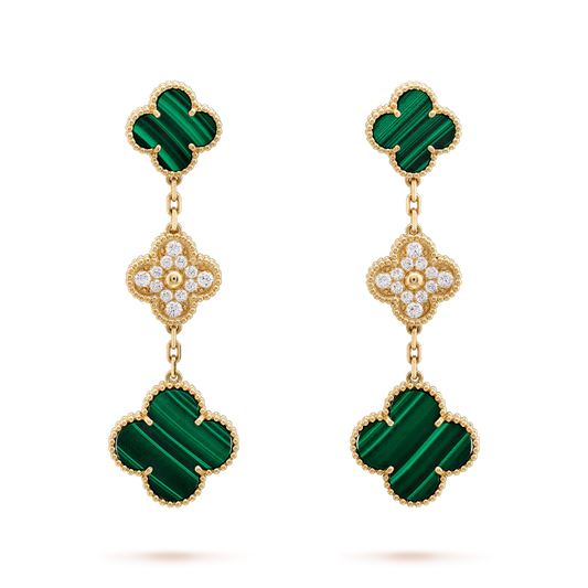 [CiCi]CLOVER EARRINGS GOLD MALACHITE DIAMOND 3 MOTIF