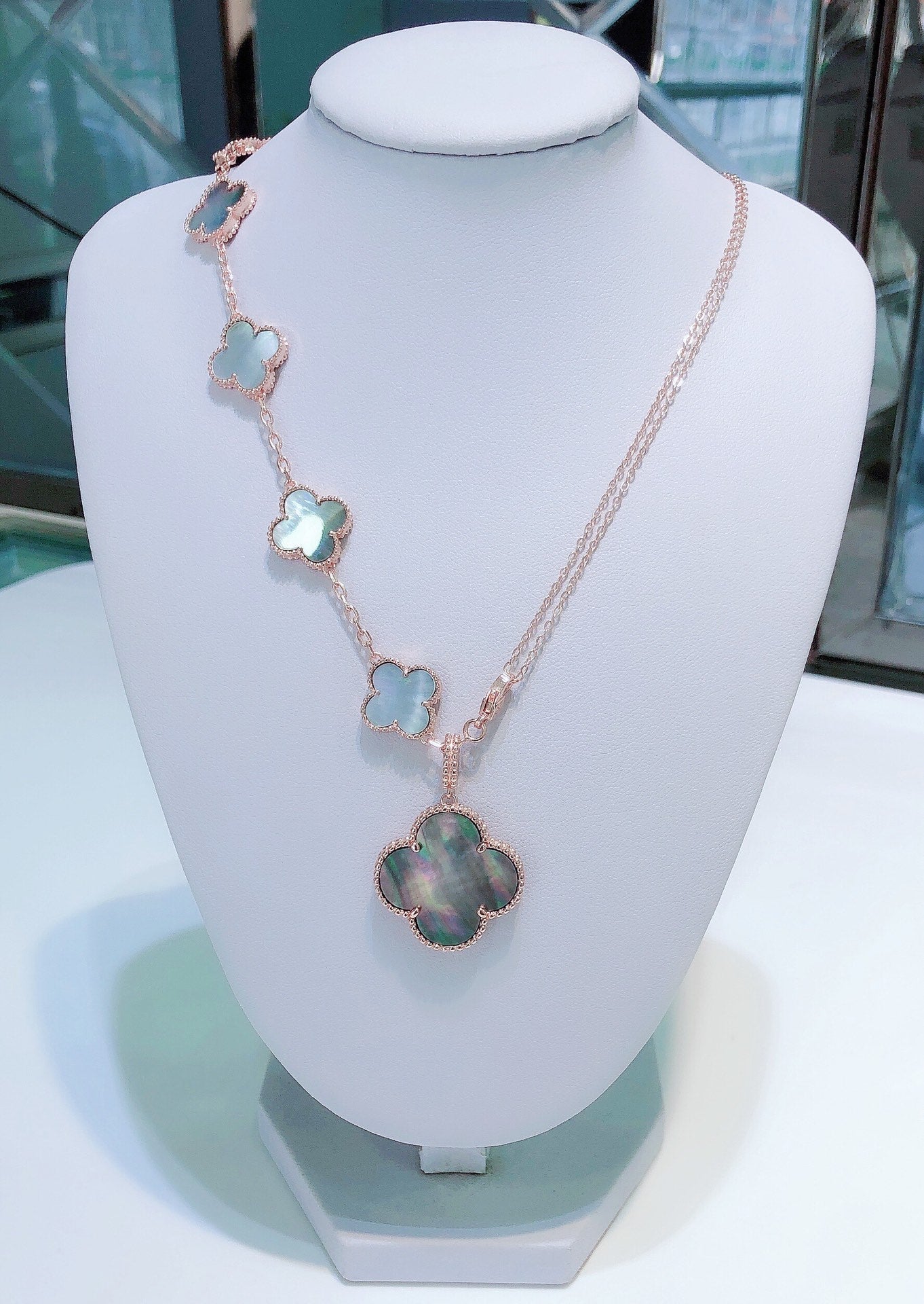 [CiCi]COMBINED BRACELET 5 MOTIFS AND NECKLACE DARK MOP ROSE GOLD