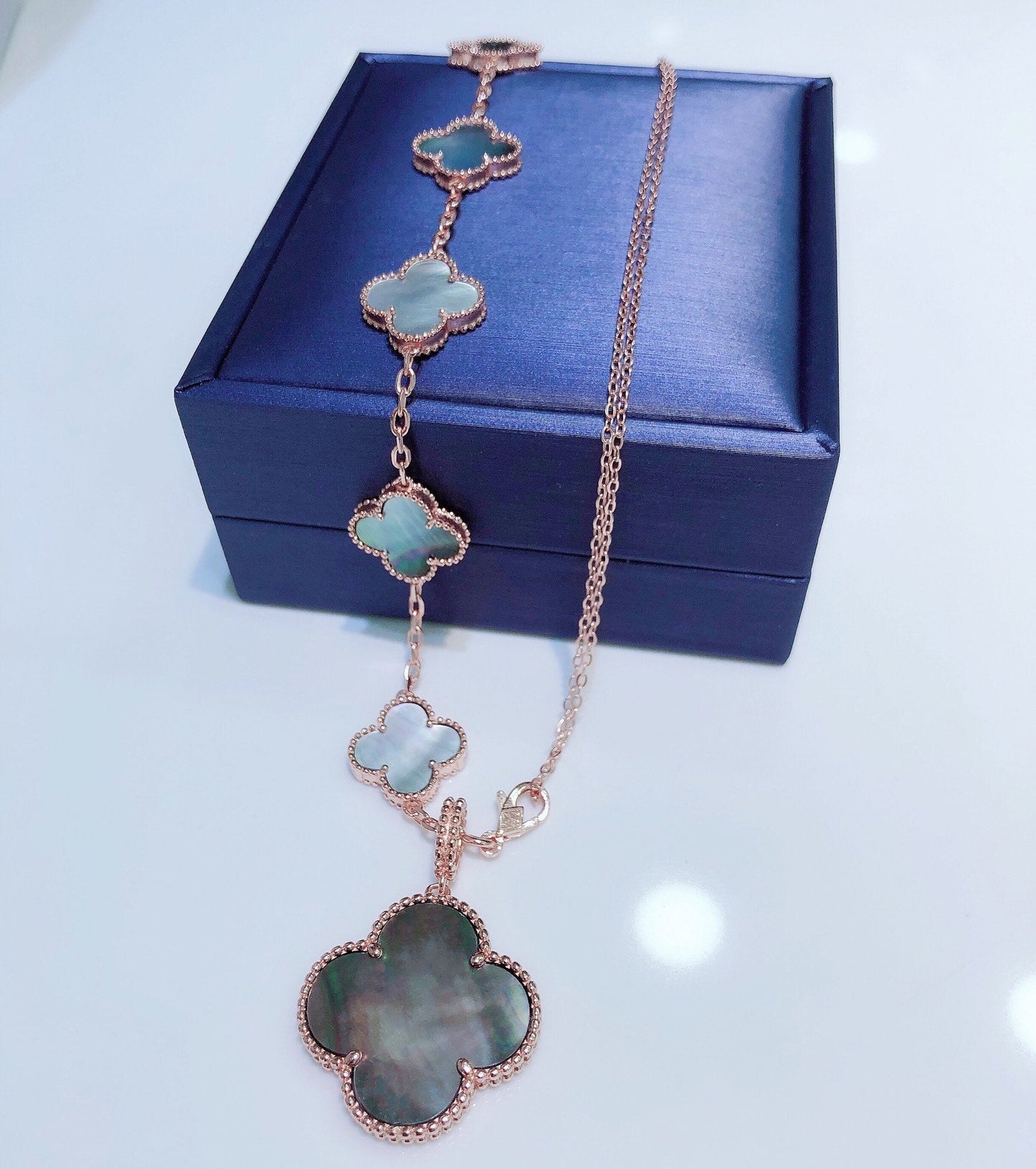 [CiCi]COMBINED BRACELET 5 MOTIFS AND NECKLACE DARK MOP ROSE GOLD